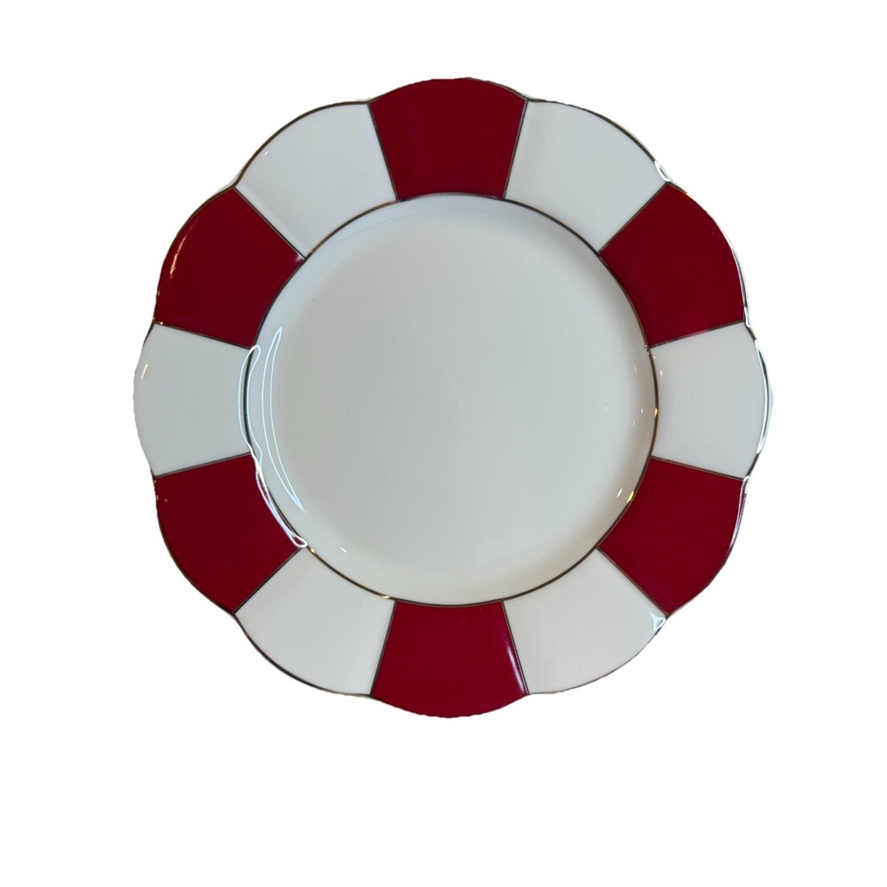 Grace Teaware 8" Scalloped‎ Edge Salad Plates Red, White, Gold Set of Four New